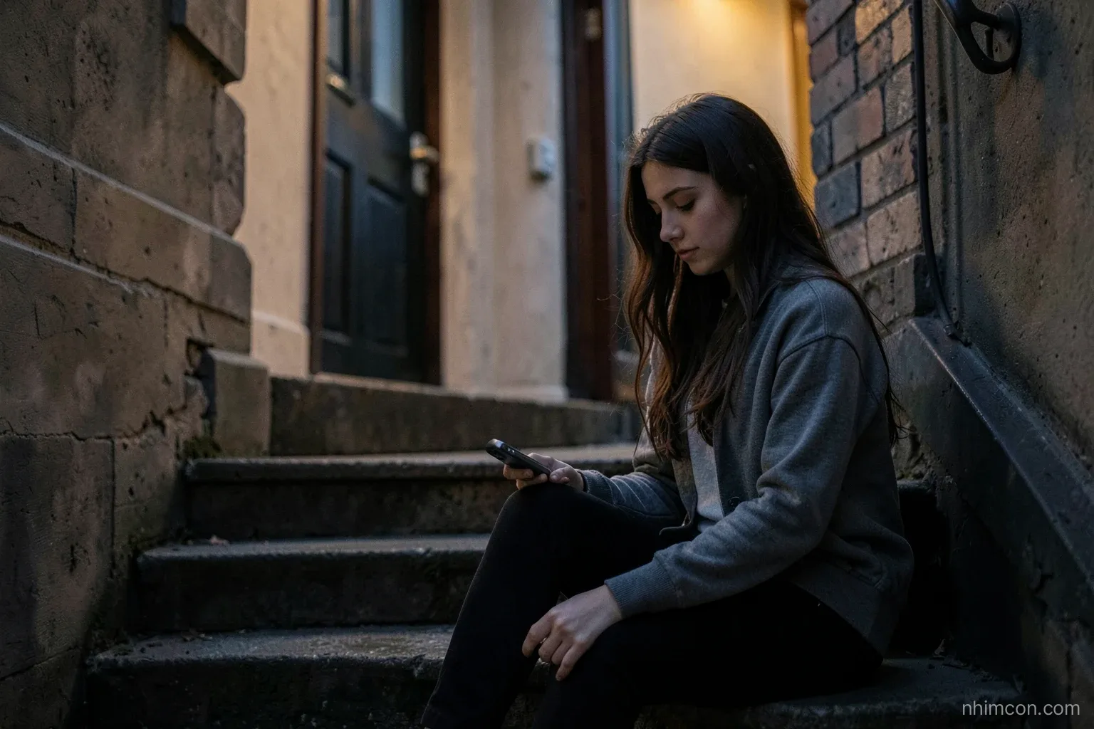 Young woman sitting alone on the stairs outside a boarding house room at dusk, phone turned face down on her knee, looking out toward the alley, warm and cool light mixing