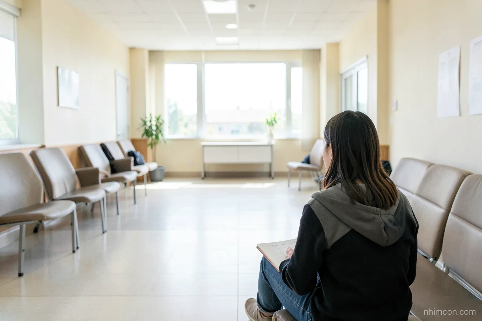 Wide shot of a bright clinic waiting hall, a young person seen from behind sitting alone with a folder on their lap, morning daylight