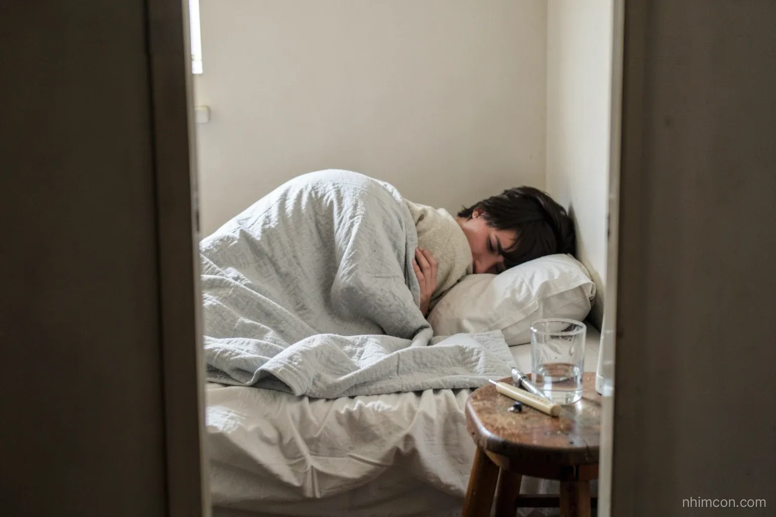 Young person curled under a thin blanket on a narrow bed in a rented room, water glass and thermometer on a stool, seen from doorway