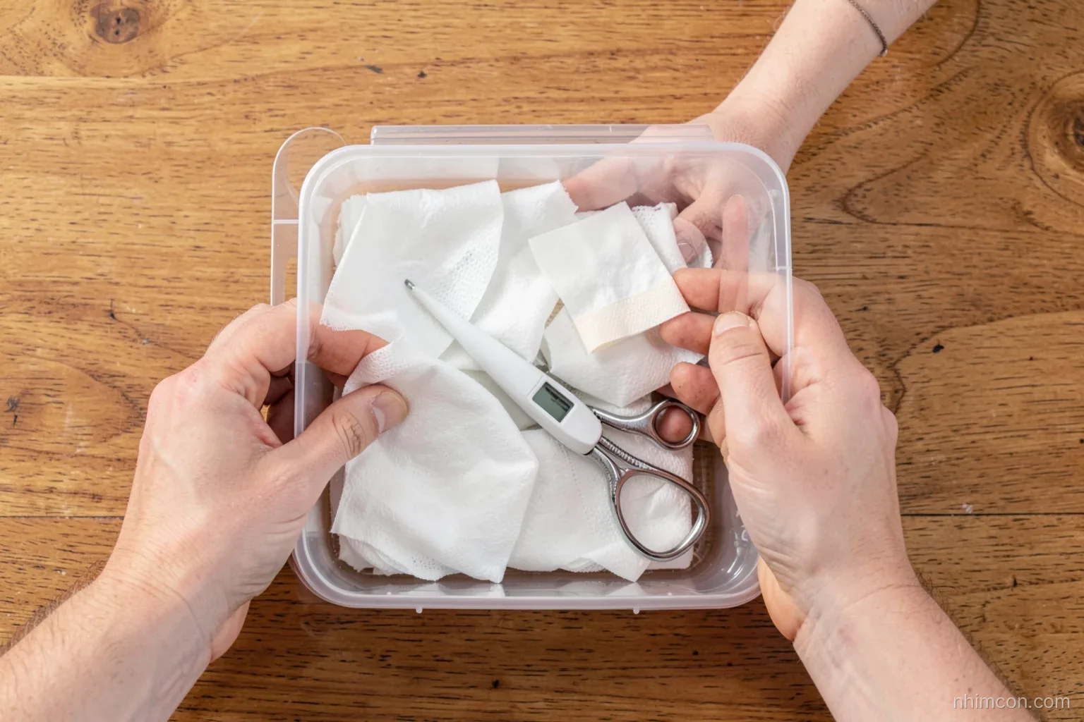 Top-down view of hands sorting gauze rolls, adhesive bandages, a digital thermometer and small scissors into an open plastic box on a wooden desk